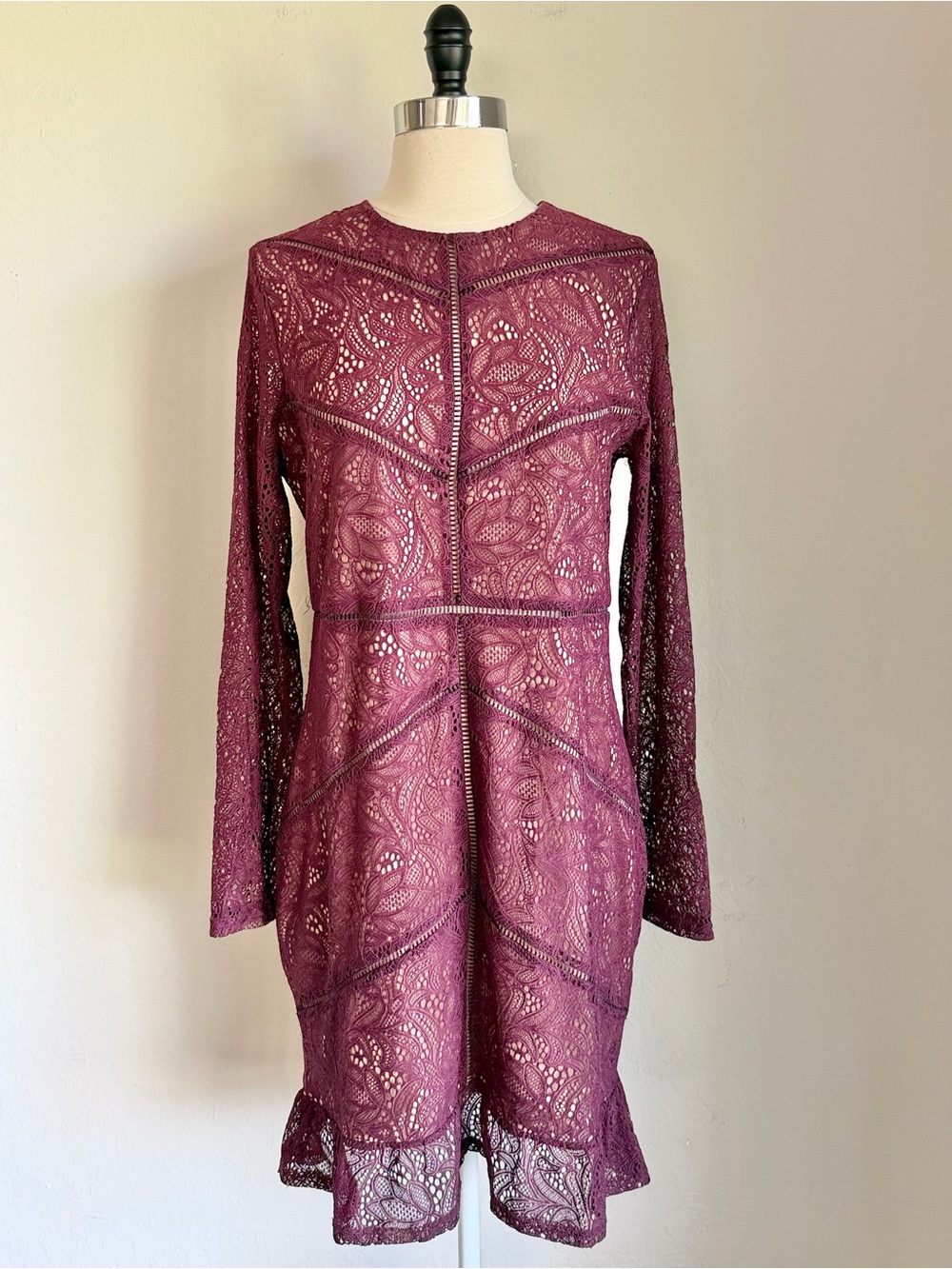 Bardot Sasha Long Sleeve Lace Overlay Fitted Cocktail Dress, Burgundy, Sz 12